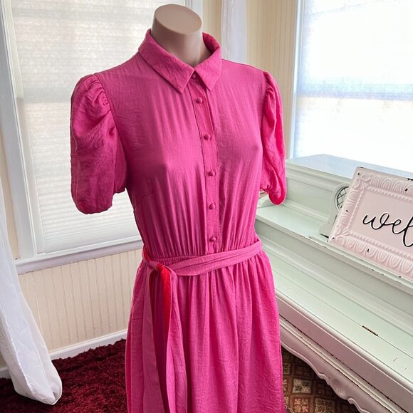 A. Calin HOT pink Puff Sleeve Textured A-Line Midi Dress sz S - Picture 6 of 12